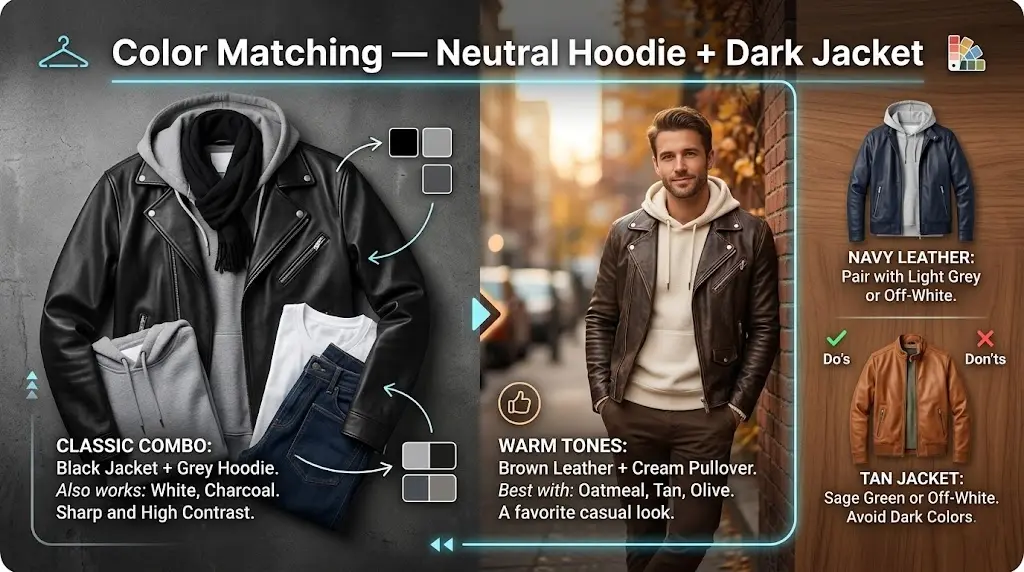 Look 3: Color Matching — Neutral Hoodie + Dark Jacket