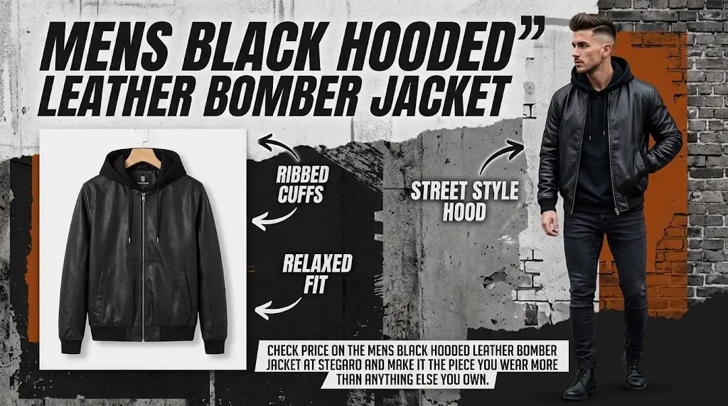 #2: Mens Black Hooded Leather Bomber Jacket