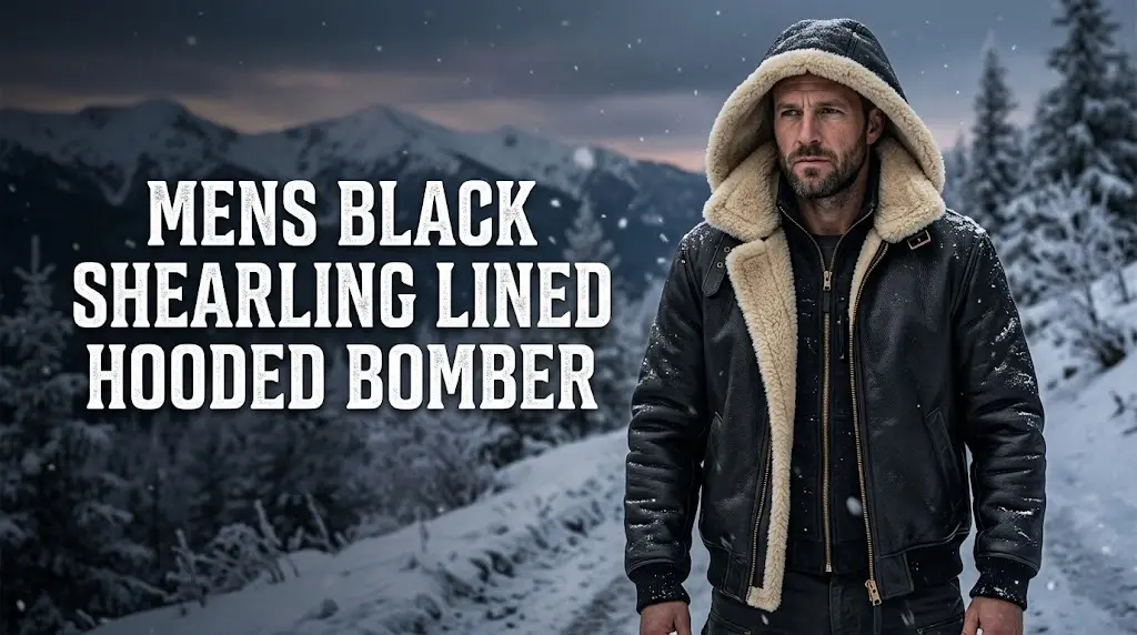 Mens Black Shearling Lined Hooded Bomber