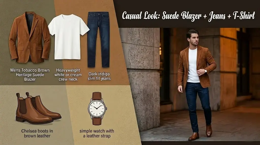Casual Look Suede Blazer + Jeans + T-Shirt