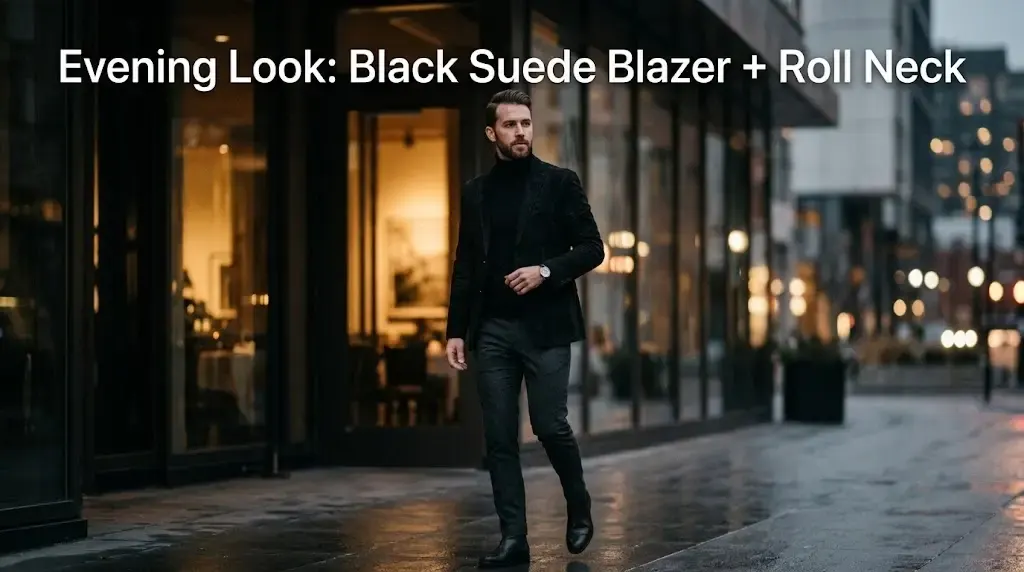 Evening Look Black Suede Blazer + Roll Neck