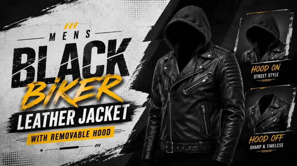 #1: Mens Black Biker Leather Jacket with Removable Hood