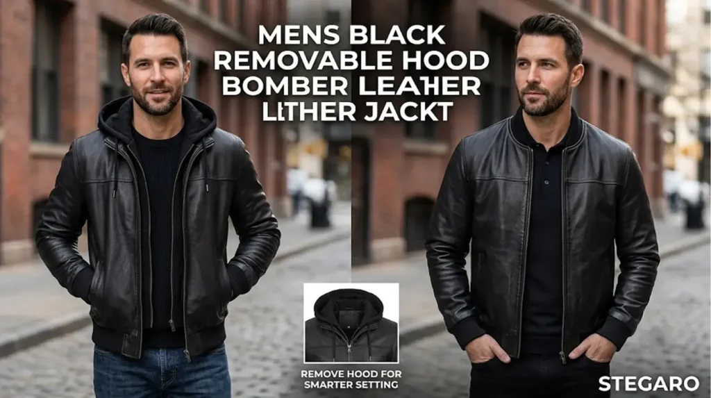#4: Mens Black Removable Hood Bomber Leather Jacket