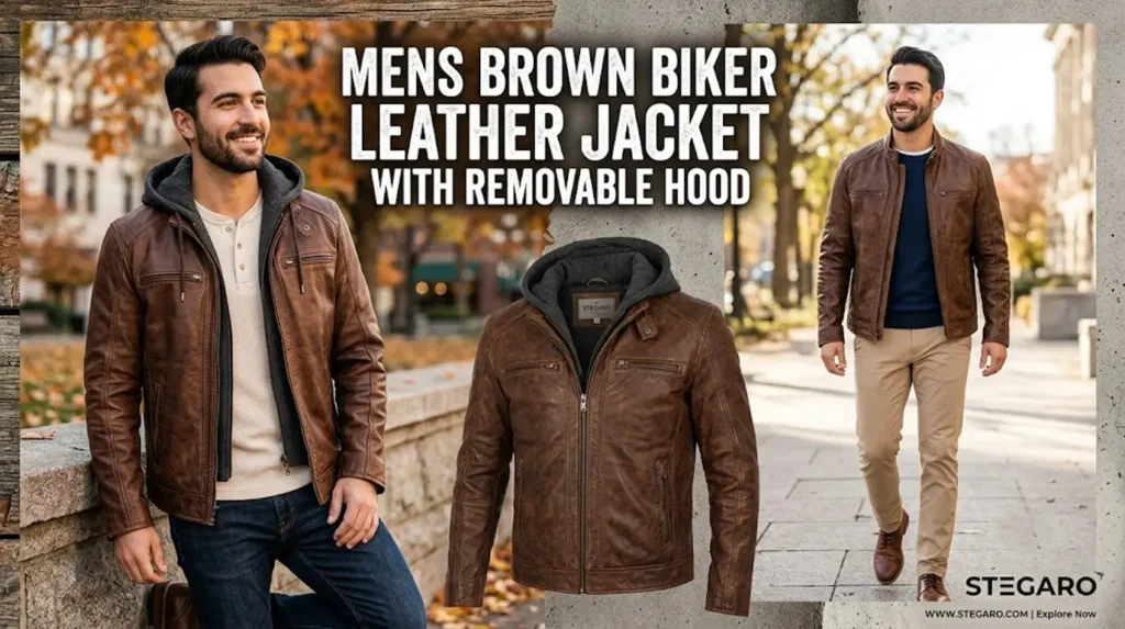 #2: Mens Brown Biker Leather Jacket with Removable Hood