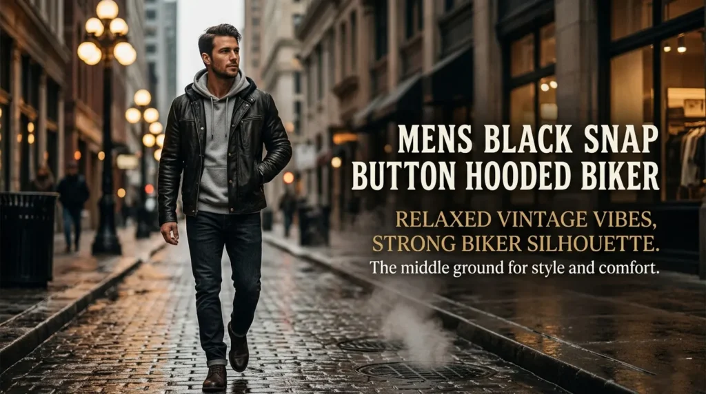 Mens Black Snap Button Hooded Biker