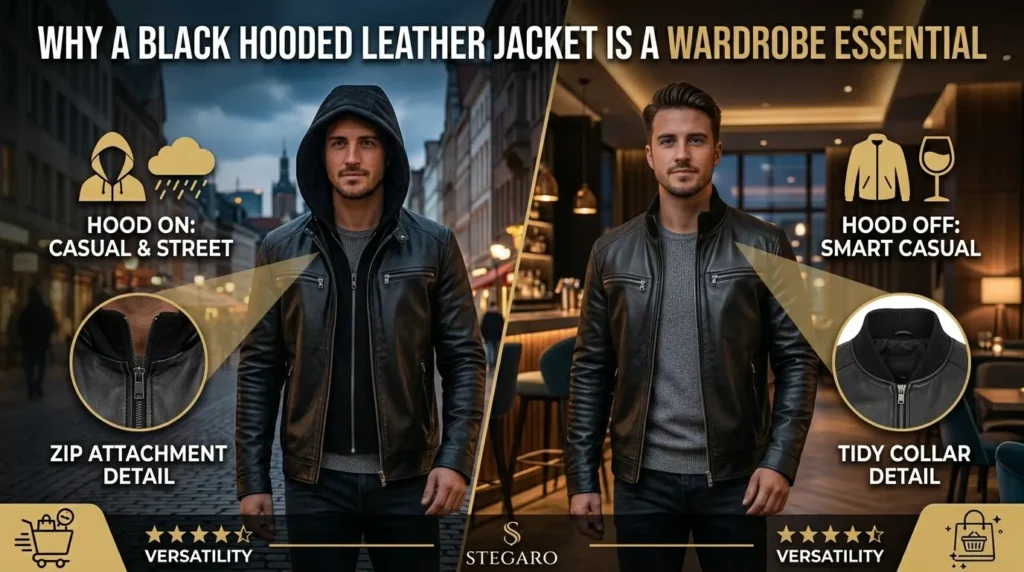 #3: Mens Black Removable Hood Bomber
