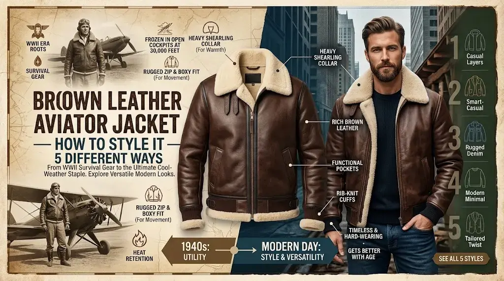 Brown Leather Aviator Jacket — How to Style It 5 Different Ways