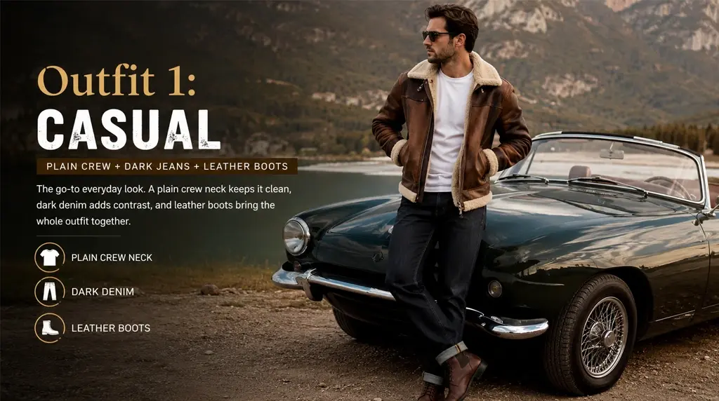 Outfit 1: Casual: j Plain Crew + Dark Jeans + Leather Boots