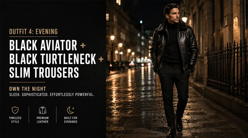 Outfit 4: Evening : Black Aviator + Black Turtleneck + Slim Trousers