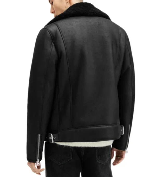 Black Aviator Style Shearling Jacket Back