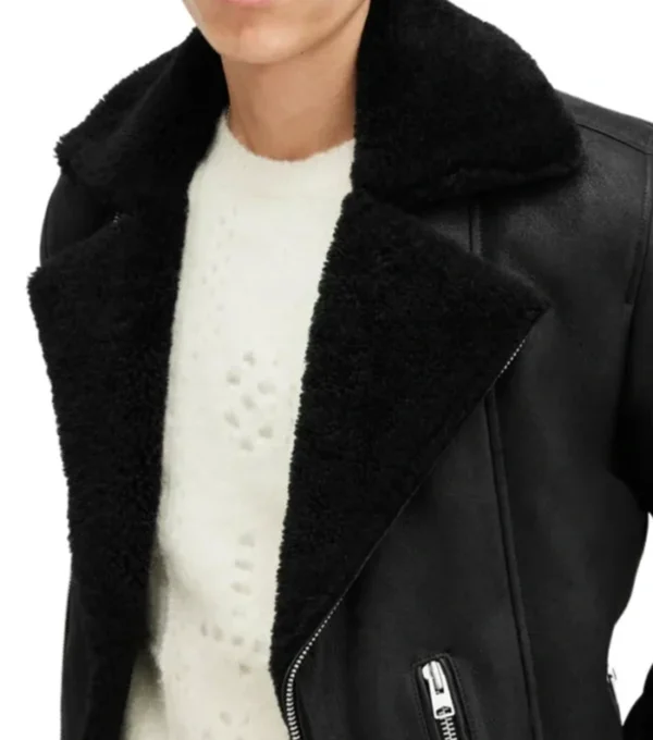 Black Aviator Style Shearling Jacket Closer