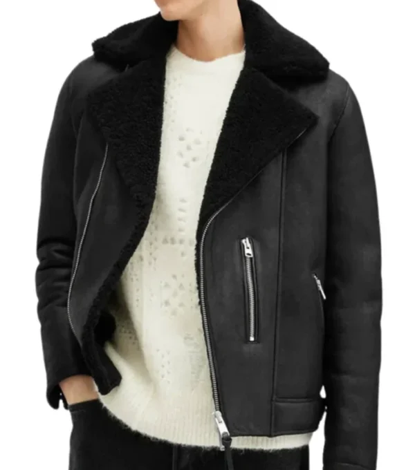 Black Aviator Style Shearling Jacket For Sale