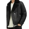 Black Aviator Style Shearling Jacket Front