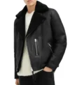 Black Aviator Style Shearling Jacket Front
