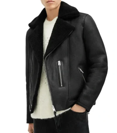 Black Aviator Style Shearling Jacket Front
