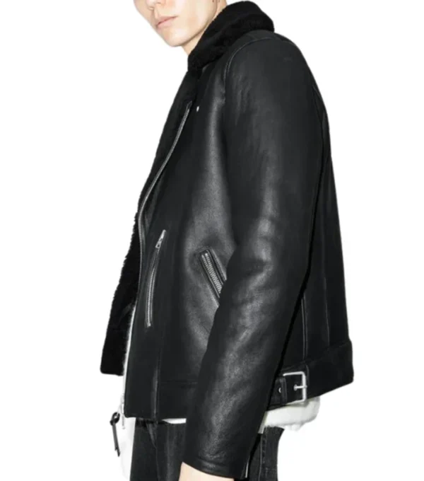 Black Aviator Style Shearling Jacket Side Look
