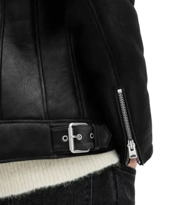 Black Aviator Style Shearling Jacket Zipper