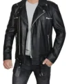 Black Belted Biker Style Leather Jacket for Men