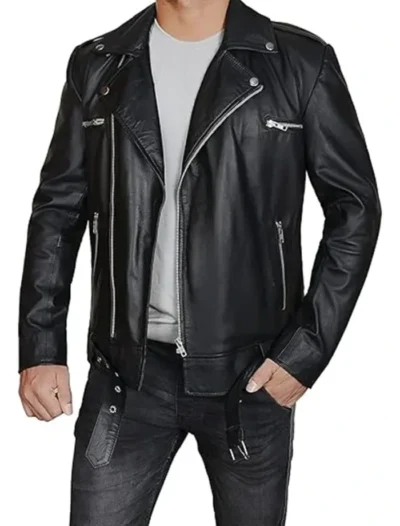 Black Belted Biker Style Leather Jacket for Men