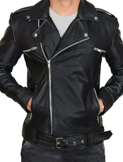 Black Belted Biker Style Leather Jacket for Men Front