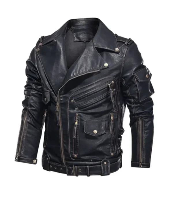 Black Biker Leather Jacket with Multi Pockets