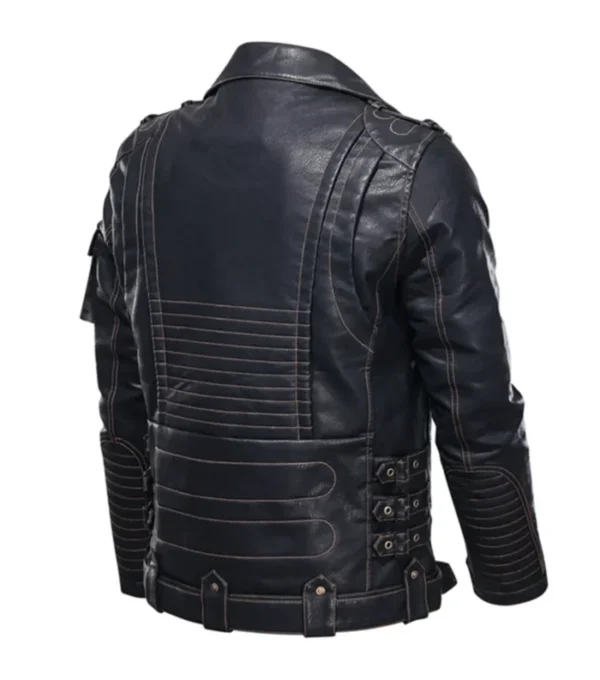 Black Biker Leather Jacket with Multi Pockets Back