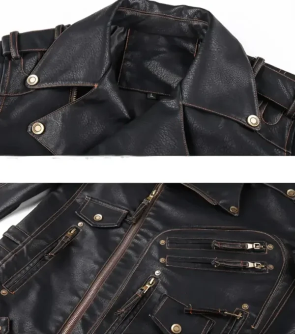 Black Biker Leather Jacket with Multi Pockets Sale