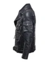 Black Biker Leather Jacket with Multi Pockets Side Look