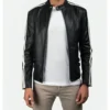 Black Cafe Racer Leather Jacket with White Shoulder Stripes