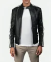 Black Cafe Racer Leather Jacket with White Shoulder Stripes