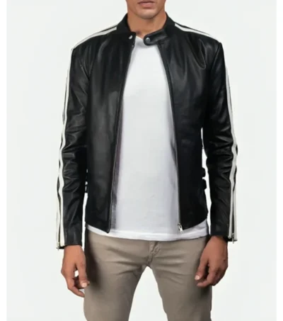 Black Cafe Racer Leather Jacket with White Shoulder Stripes