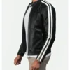 Black Cafe Racer Leather Jacket with White Shoulder Stripes Side Look