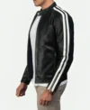 Black Cafe Racer Leather Jacket with White Shoulder Stripes Side Look