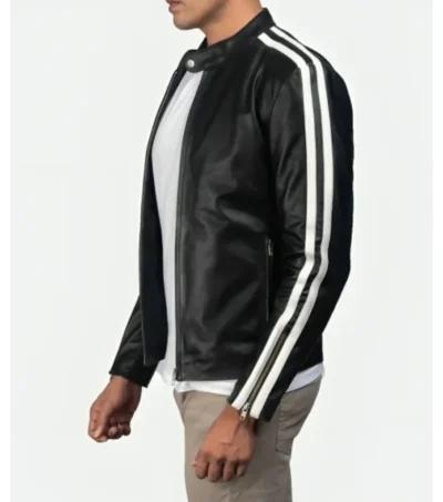 Black Cafe Racer Leather Jacket with White Shoulder Stripes Side Look