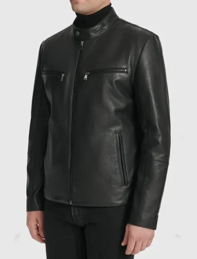 Black Cafe Racer Motorcycle Leather Jacket Side Look