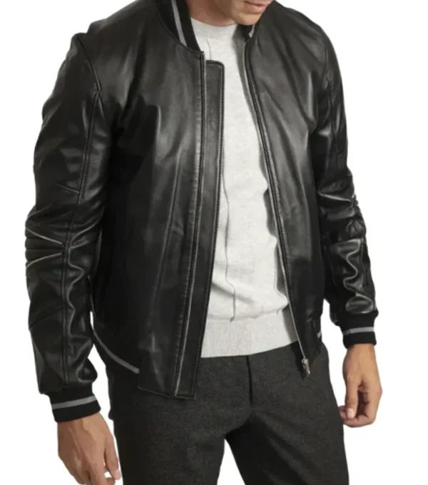 Black Leather Bomber Jacket For Sale