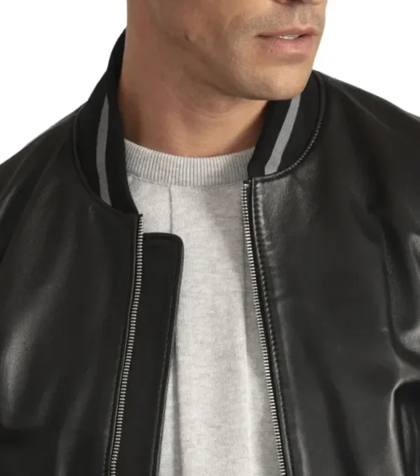 Black Leather Bomber Jacket Front
