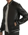Black Leather Bomber Jacket Side Look