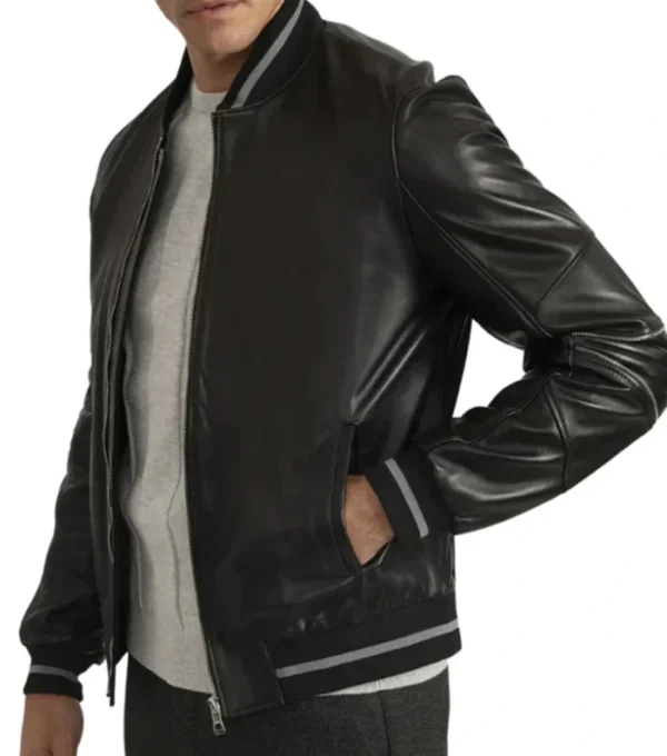 Black Leather Bomber Jacket Side Look
