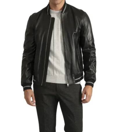 Black Leather Bomber Jacket on Sale