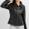 Black Leather Jacket for Women with Studded Collar and Hem