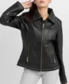 Black Leather Jacket for Women with Studded Collar and Hem