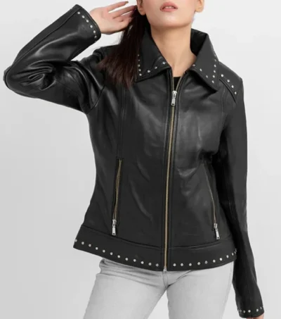 Black Leather Jacket for Women with Studded Collar and Hem