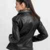 Black Leather Jacket for Women with Studded Collar and Hem Back