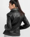 Black Leather Jacket for Women with Studded Collar and Hem Back