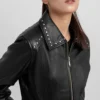 Black Leather Jacket for Women with Studded Collar and Hem Front