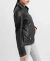 Black Leather Jacket for Women with Studded Collar and Hem Side Look
