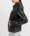 Black Leather Jacket for Women with Studded Collar and Hem on Sale