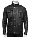 Black Leather Jacket with 4 Pockets Front