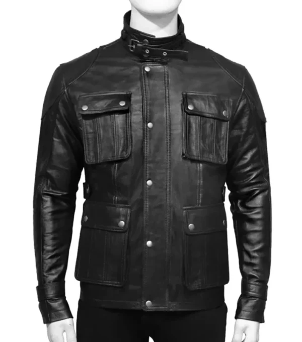 Black Leather Jacket with 4 Pockets Front